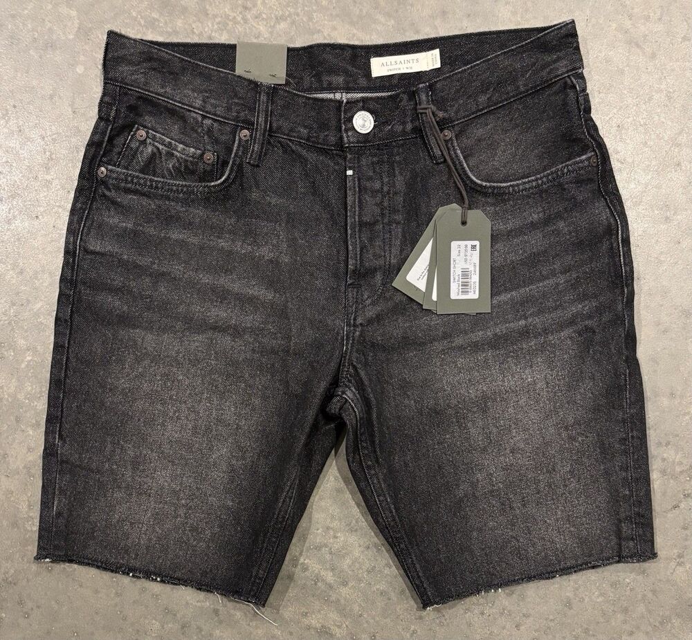 NEW All Saints Mens Switch Denim Cut Off Shorts 32 Black Button Fly Raw Hem